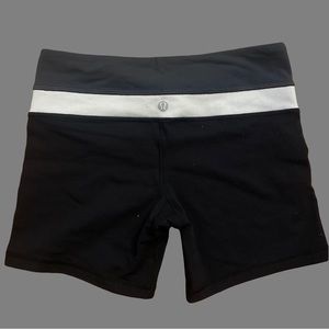 black, grey, and white lululemon athletic shorts
